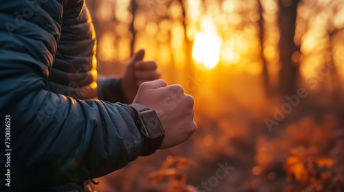 A fitness enthusiast wearing a smartwatch tracking heart rate during an outdoor sunrise run