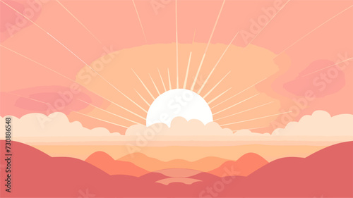 Vector scene of a sunrise highlighting the sun's rays breaking through the horizon creating a visually enchanting and hopeful composition. simple minimalist illustration creative
