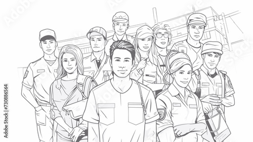 Worker-themed vector illustration with individuals in different professions  including a nurse  chef  firefighter  and more  representing the diversity of essential roles. simple minimalist