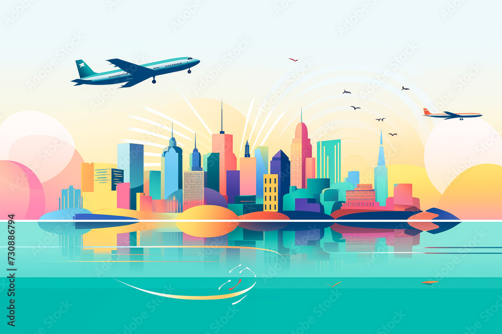 Minimalist travel illustration with world cities skyline and airplanes.