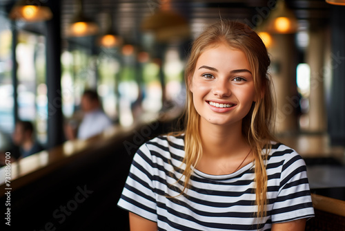 Cheerful young waitress in French restaurant.