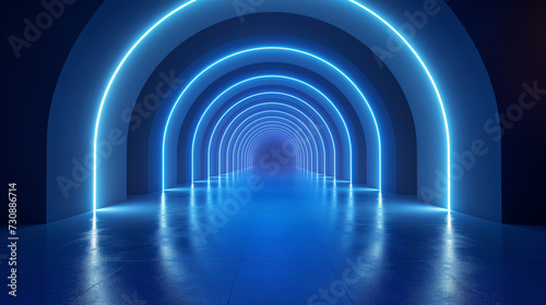 European Tunnel Illumination  A Stone Archway s Light Pierces Through the Darkness of a Medieval Corridor Perspective grid lines rise and fall. Radial light effect  blue theme