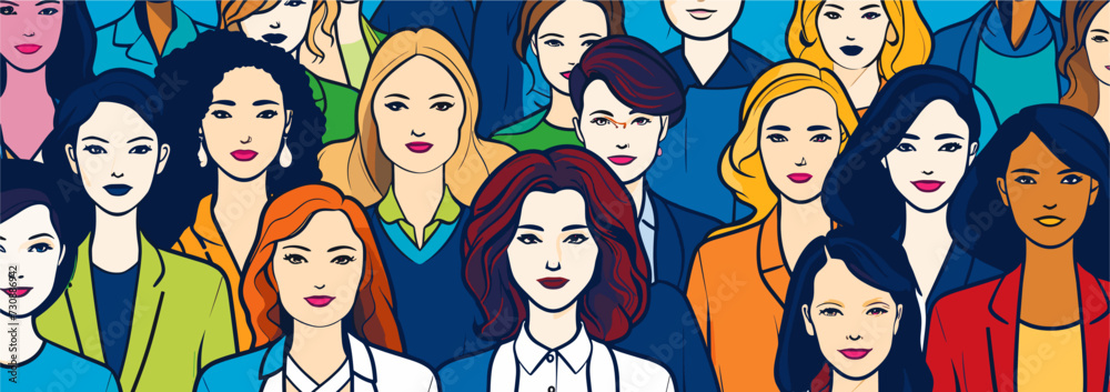 Vector illustration highlighting businesswomen featuring diverse and empowered female figures engaged in professional activities bold colors and symbols of success for a visually dynamic and Vector illustration highlighting businesswomen featuring diverse and empowered female figures engaged in professional activities bold colors and symbols of success for a visually dynamic and