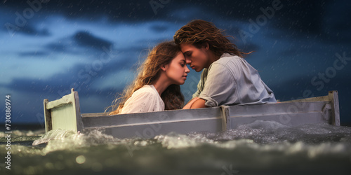 Drifting couple in sea storm, relationship difficulties.