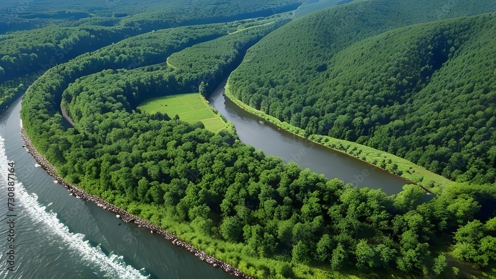 A river flows in middle of the forest