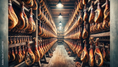 Cured hams aging in a traditional drying room, with controlled temperature and humidity