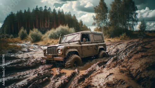 A rugged off-road vehicle stuck in deep mud, surrounded by a natural forest landscape under an overcast sky. photo