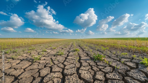 Drought-Stricken Field with Cracked Earth  Scant Vegetation Highlighting Climate Change Effects