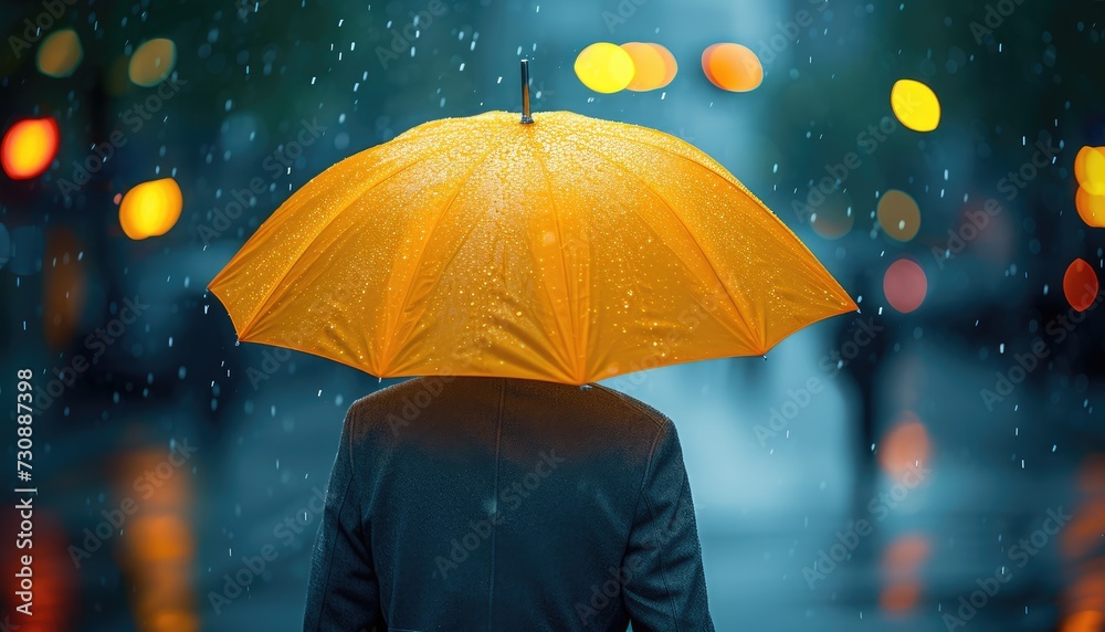 a man holding a yellow compact umbrella in the rain 