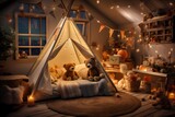 Dreamy children's bedroom at night adorned with playful toys, a comforting teddy bear, and an inviting tent creating a magical nocturnal space