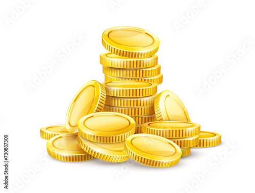 Set of Gold coins. Cash change money falling down and stacking in a pile for savings. Coins isolated on white transparent background. Vector illustration.