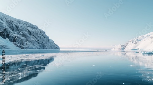 icy landscape  view of a melting glacier  stark contrast between ice and open water  clear sky