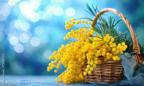 Basket of yellow mimosa flowers snowdrops on a blue spring background 