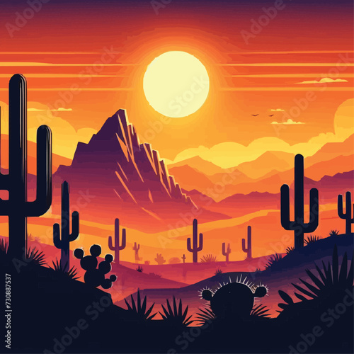 Vector desert sunset silhouette landscape arizona or mexico western cartoon background with wild cactus canyon mountain