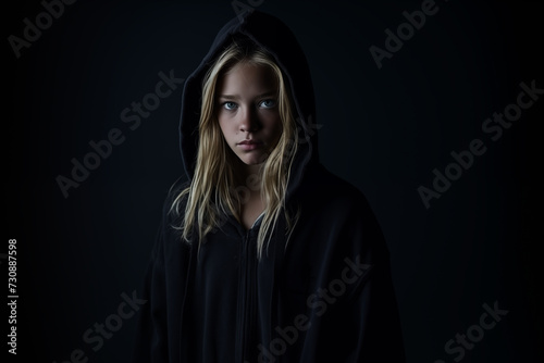 Mysterious little girl dressed in dark, enveloped by shadows.