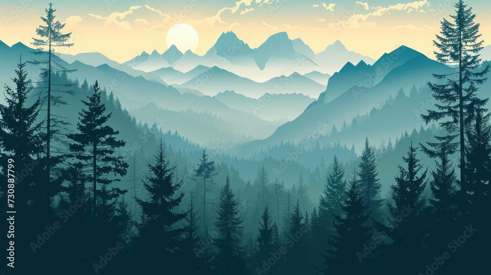 Mountain Landscape with Pine Trees and Mountains