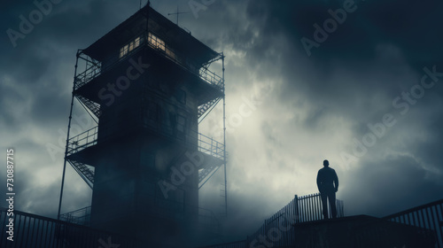Silhouette of barbed wires and watchtower of prison. Watchtower. A tall tower