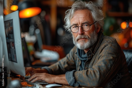 55-year-old programmer immersed in work in a modern office 