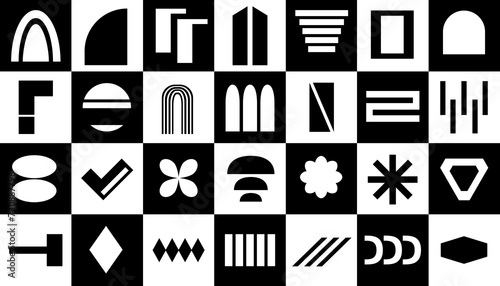 Abstract geometric shapes with a brutalist aesthetic. Contemporary, bold figures. Inspired by Bauhaus and Memphis design.