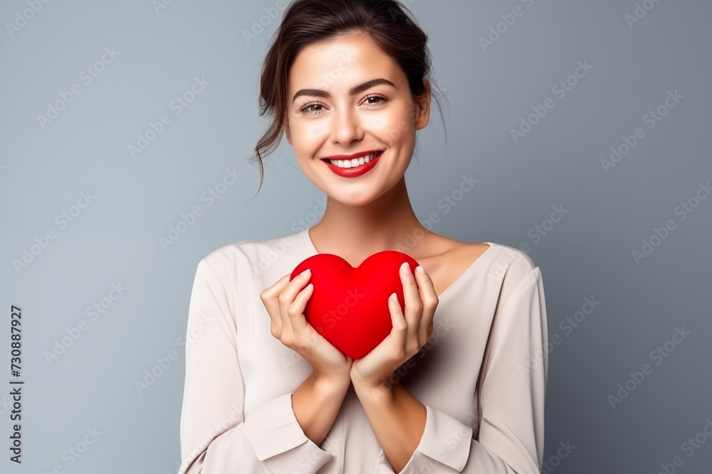 Woman firmly holding a red heart to her chest. Woman firmly holding a red heart to her chest.