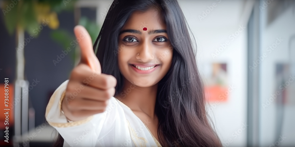 Indian woman giving thumbs up, pleased with service.