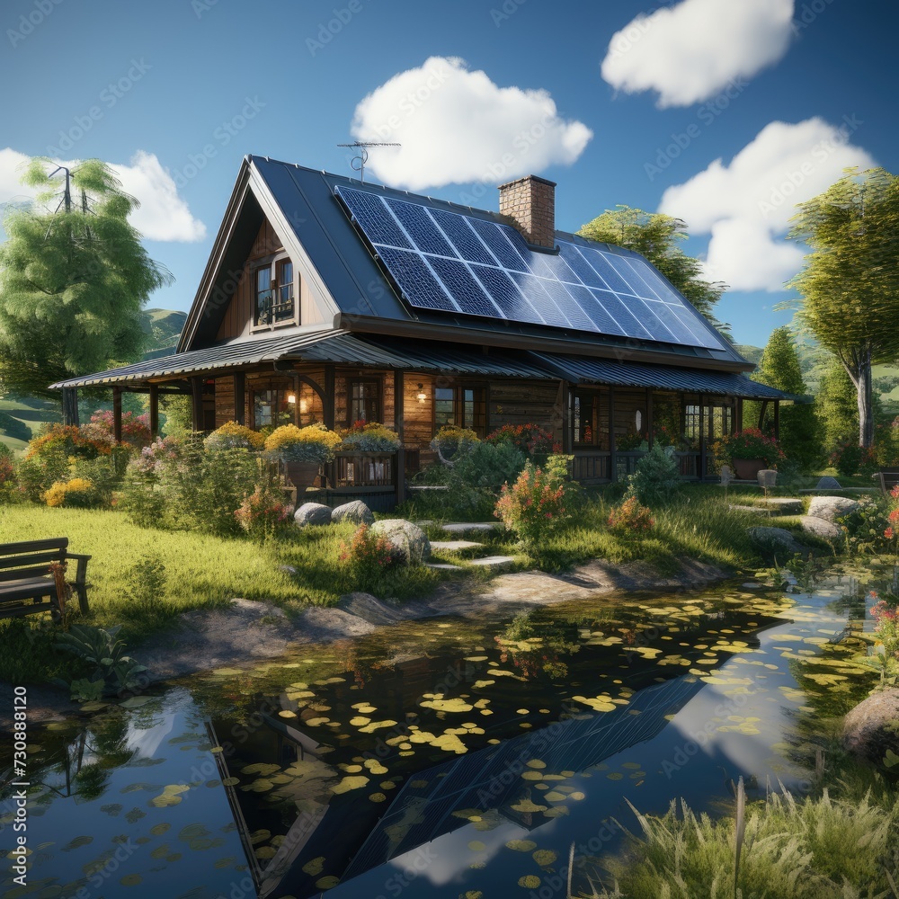 Installation of solar panels on the roof. Modern country house on the lake surrounded by nature with solar panels on the roof. Clean energy. Solar energy. Modern technologies.
Installation of solar panels on the roof. Modern country house on the lake surrounded by nature with solar panels on the roof. Clean energy. Solar energy. Modern technologies.