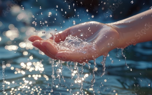  Closeup of woman s hand holding fresh water splashing in the lake