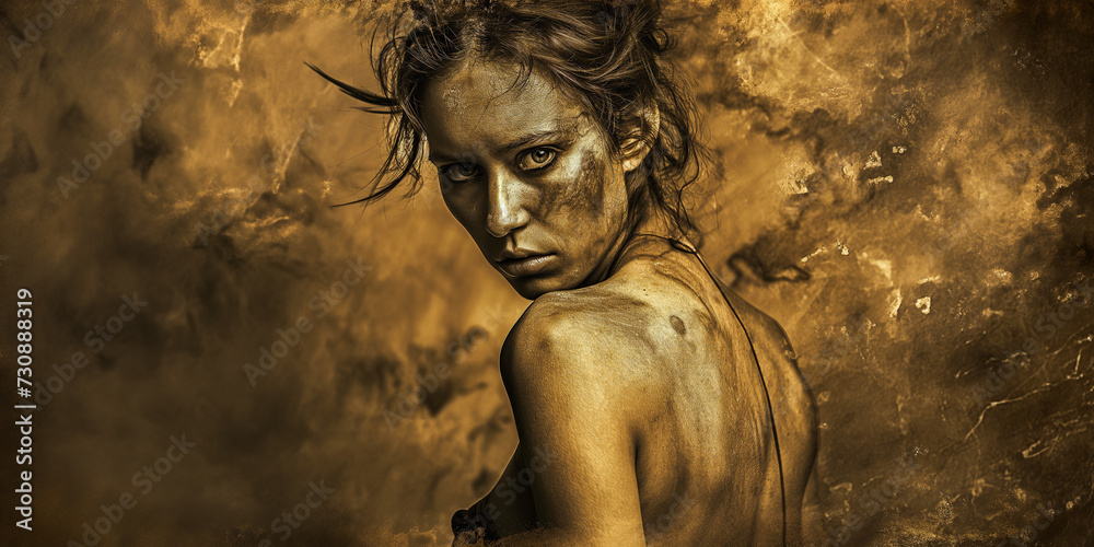 Soot-covered woman amid flames with body scar, denoting danger and hard work.
