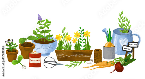 Set of garden elements. Hand drawn illustration. Spring Gardening clipart, Garden tools set, Garden elements.Spring time, garden work, seedling, pots.