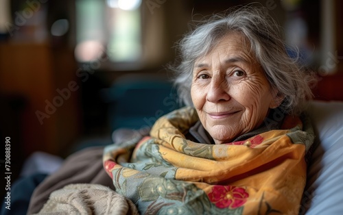 Elderly woman smiling warmly while resting 