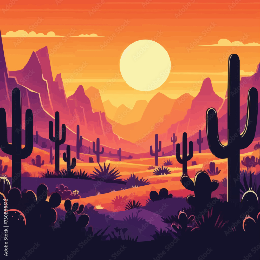 Vector desert sunset silhouette landscape arizona or mexico western cartoon background with wild cactus canyon mountain - obrazy, fototapety, plakaty 