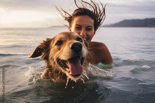 A joyful woman and her dog share a swimming experience in the ocean. © XaMaps