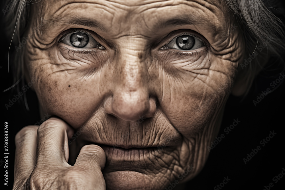 Close-up of aged woman with wrinkled face and blue eyes. Close-up of aged woman with wrinkled face and blue eyes.