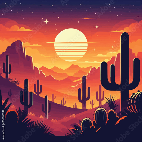 Vector desert sunset silhouette landscape arizona or mexico western cartoon background with wild cactus canyon mountain