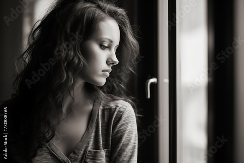 Young woman watching someone leave yard through window, black and white