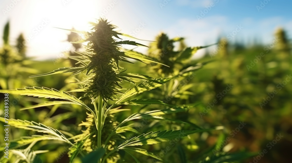 Close up of cannabis sativa bud on a field with soft focus with a sun rays flare. Medical hemp concept. Generative AI Close up of cannabis sativa bud on a field with soft focus with a sun rays flare. Medical hemp concept. Generative AI
