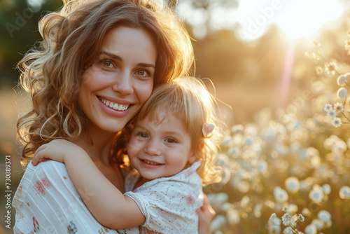 Glückliche, lächelnde Mutter mit ihrer Tochter in einer Blumenwiese, warmes Sonnenlicht