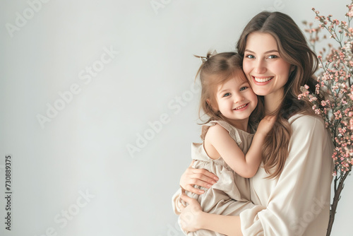 Glückliche, lächelnde Mutter mit ihrer Tochter vor hellem Hintergrund