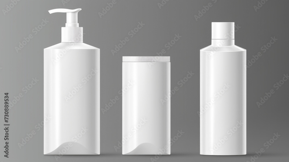 Set of Three White Plastic Bottles with Pump Set of Three White Plastic Bottles with Pump