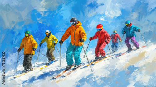 Group Skiing Down Snow Covered Slope