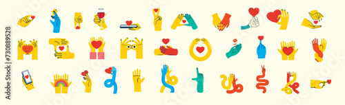 Cartoon hands abstract drawn comic. Set of Hand multicolored different signs and symbols. Drawing style Sticker decals. Retro Y2K. Vector illustration