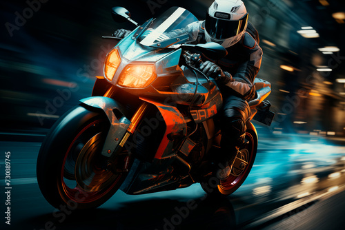 Motorcyclist driving at night on the road with a speed effect