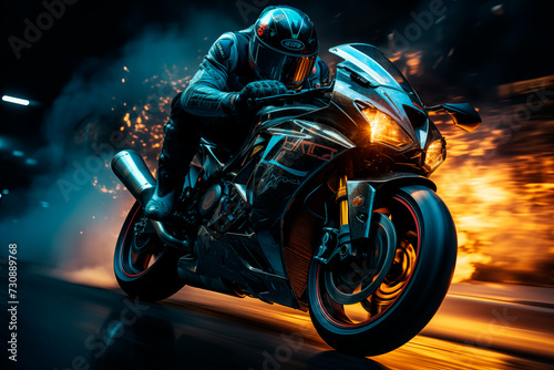 Motorcyclist driving at night on the road with a speed effect