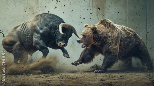 A bull and bear fighting. Stock market price trends bullish or bearish trading photo