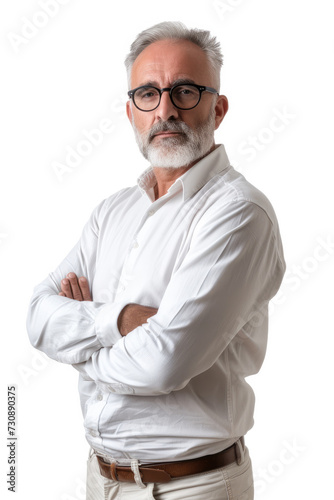 Reflective Senior Businessman with Beard Grey Hair and Glasses in White Shirt with Arms Crossed on a Plain White Background