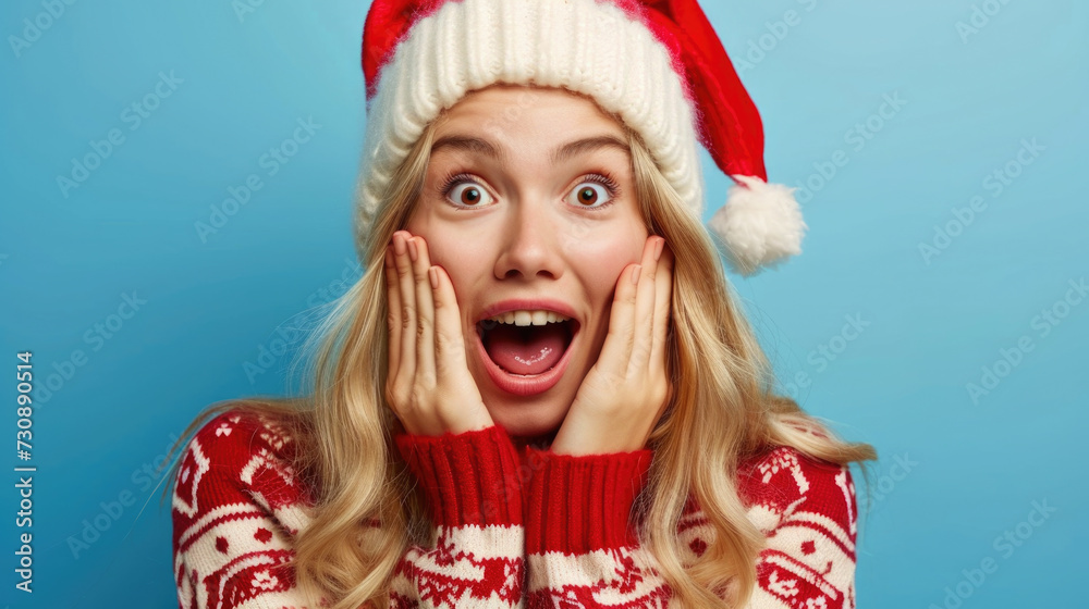 Woman with Santa Hat and Hands on Face Woman with Santa Hat and Hands on Face