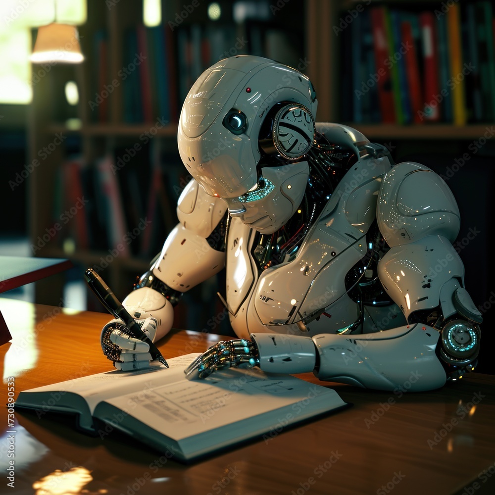 Fototapeta premium Advances in robot technology learn with children, interact with humans and sit in class, both for advertising, blogs, education, web, social media, business, etc. Generative Ai