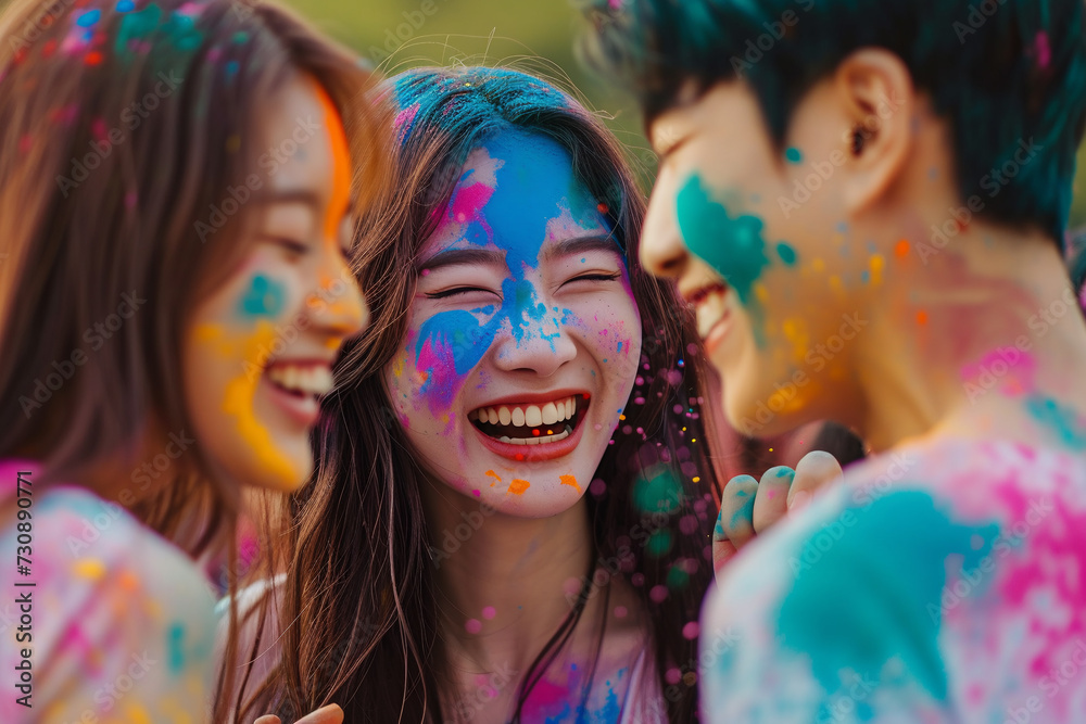 Korean girls and a guy with blue powder on their faces and clothes at the Holi festival of colors.