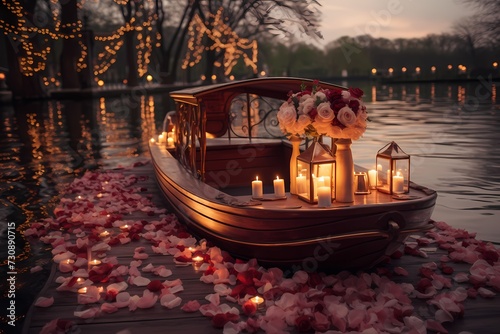 Dreamy Valentine's Day boat ride on a tranquil lake, surrounded by floating candles and romantic decor © Haider