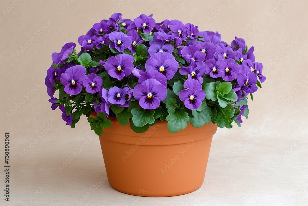 Violet pansy in a brown pot on a beige background. Violet pansy in a brown pot on a beige background.